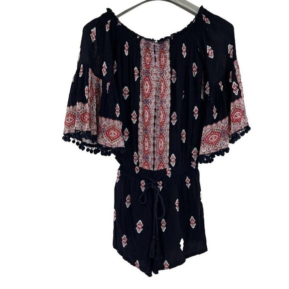 Anthropologie Lilka Vada Romper Blue Red Tasseled Pom Pom Bohemian Paisley SMALL - Picture 1 of 10